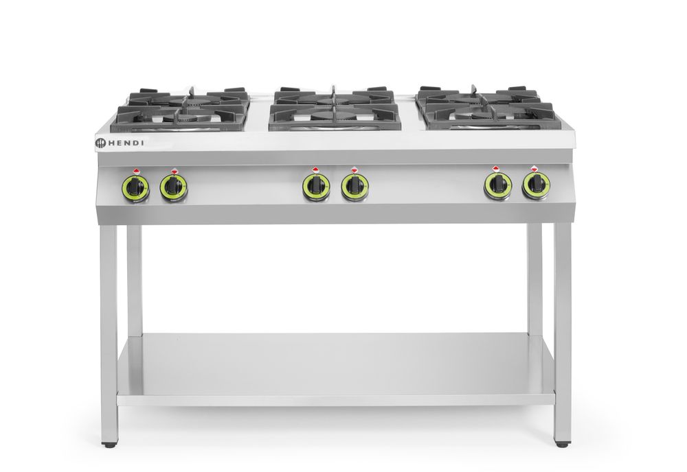 Cucina a gas a 6 fuochi con supporto aperto, HENDI, Kitchen Line, 28,5kW, 1200x700x(H)900mm