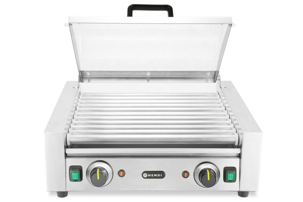 Griglia per wurstel - 2 zone con coperchio a risparmio energetico, HENDI, 11 rulli, 220-240V/980W, 566x527x(H)259mm