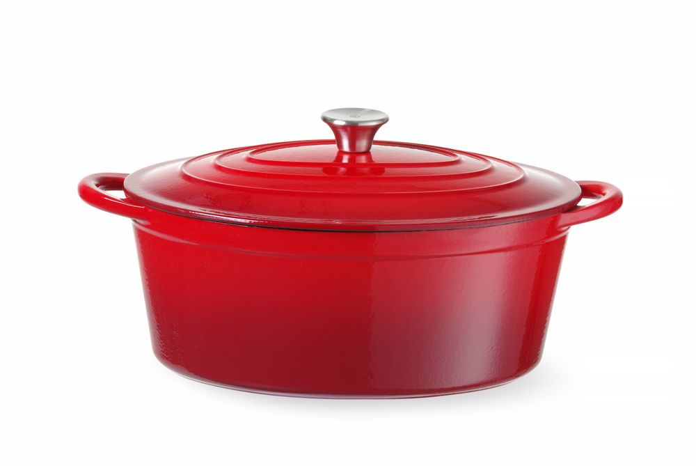 Casseruola in ghisa vetrificata., HENDI, 6,88L, Rosso, 405x255x(H)134mm