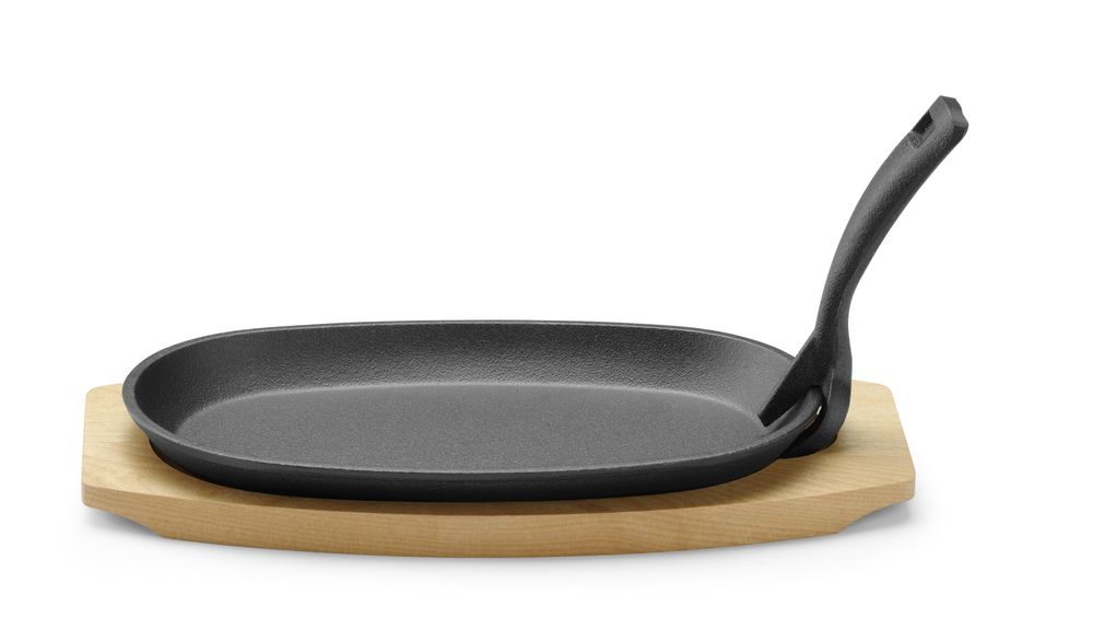 Piatto in ghisa con sottostrato e gripper in legno., HENDI, Nero, 280x143x(H)33mm, Ovale