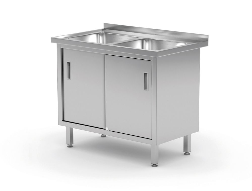 Tavolo con 2 lavandini, armadio – saldato, con porte scorrevoli, HENDI, Profi Line, 1000x600x(H)850mm