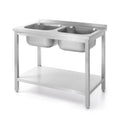 Tavolo con 2 lavelli e mensola, imbullonato, HENDI, Kitchen Line, due lavelli, 1000x600x(H)850mm