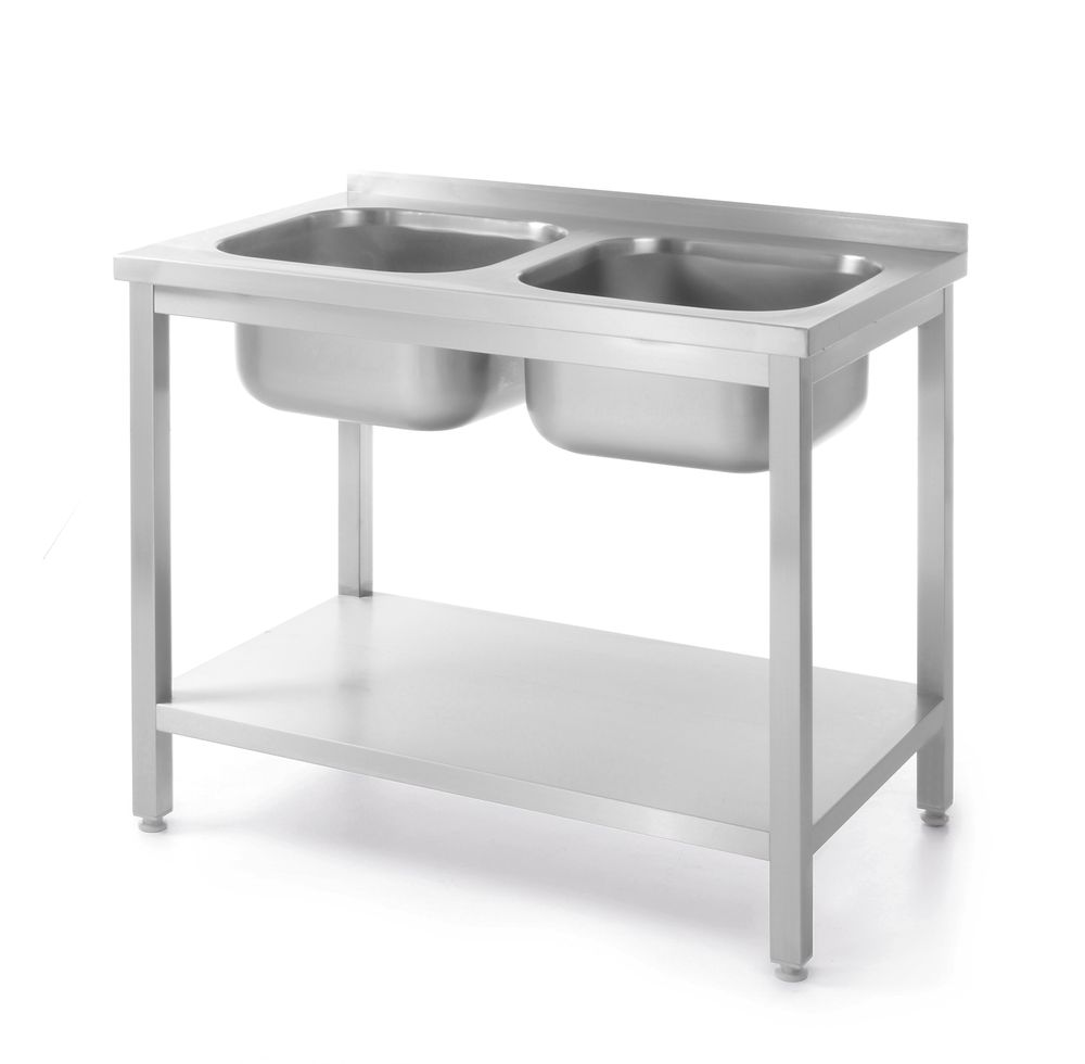 Tavolo con 2 lavelli e mensola, imbullonato, HENDI, Kitchen Line, due lavelli, 1000x600x(H)850mm