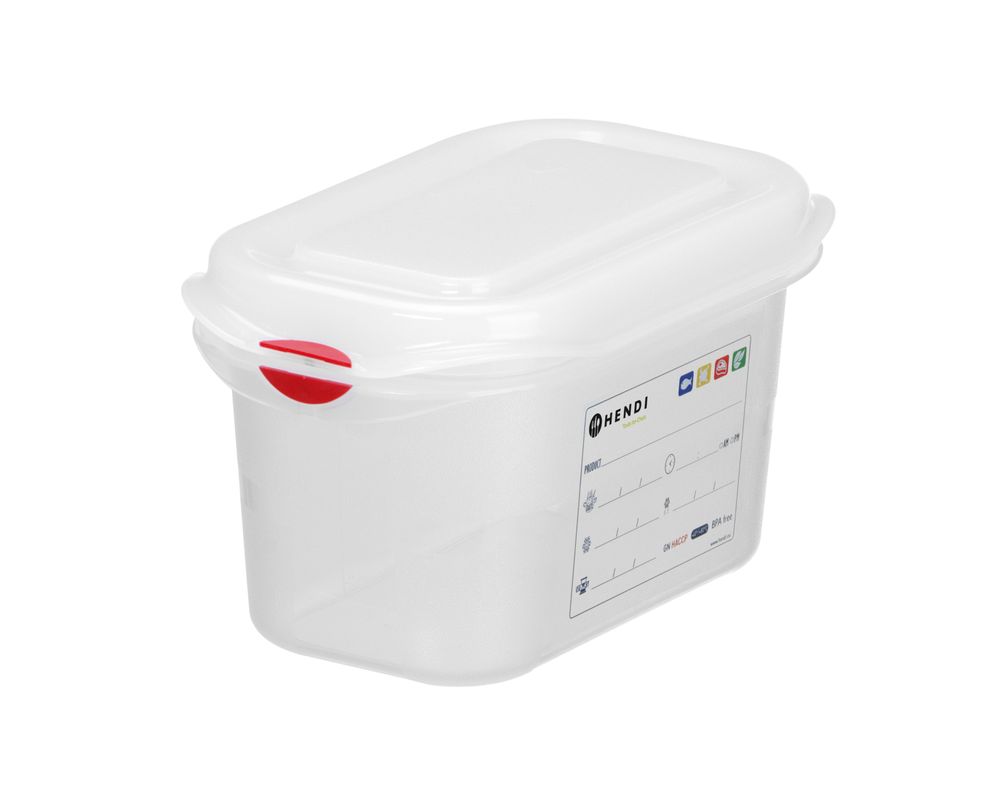 Contenitore GN 1/9, polipropilene, HENDI, GN 1/9, 1L, Trasparente, 176x108x(H)100mm, rettangolare