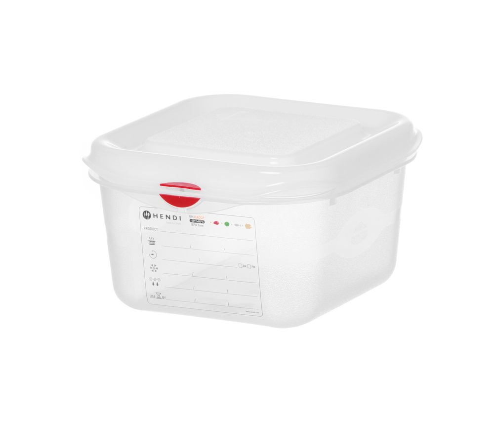 Contenitore GN 1/6, polipropilene, HENDI, GN 1/6, 1,7L, Trasparente, 176x162x(H)100mm, rettangolare