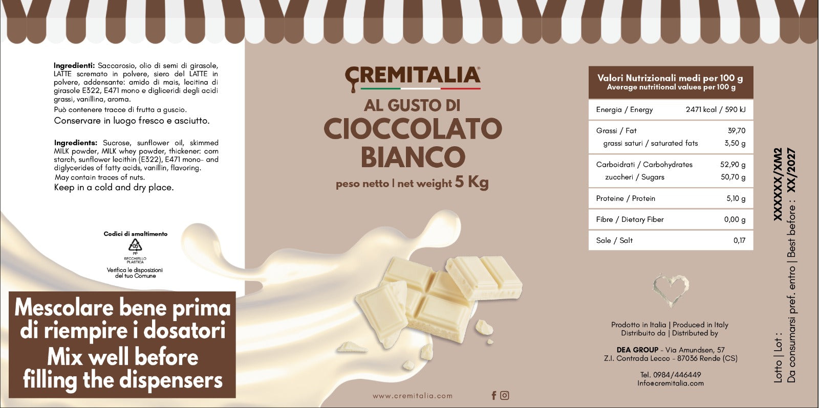 Ricarica Cioccolato Bianco per dosatore Cremitalia Kg 5,5