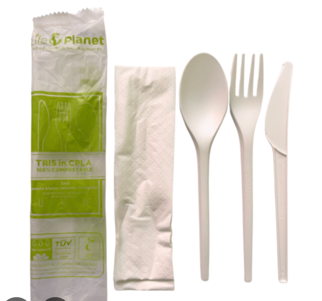 Tris Posate Bio Cucchiaio Forchetta Coltello + Tovagliolo 33x33 CT pezzi 250